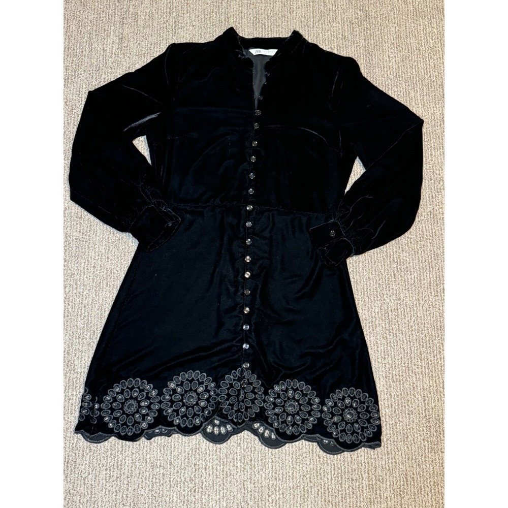 Zara Womens XS Velvet Velour Dress A Line Coquette Whimsigoth Witchy Eyelet